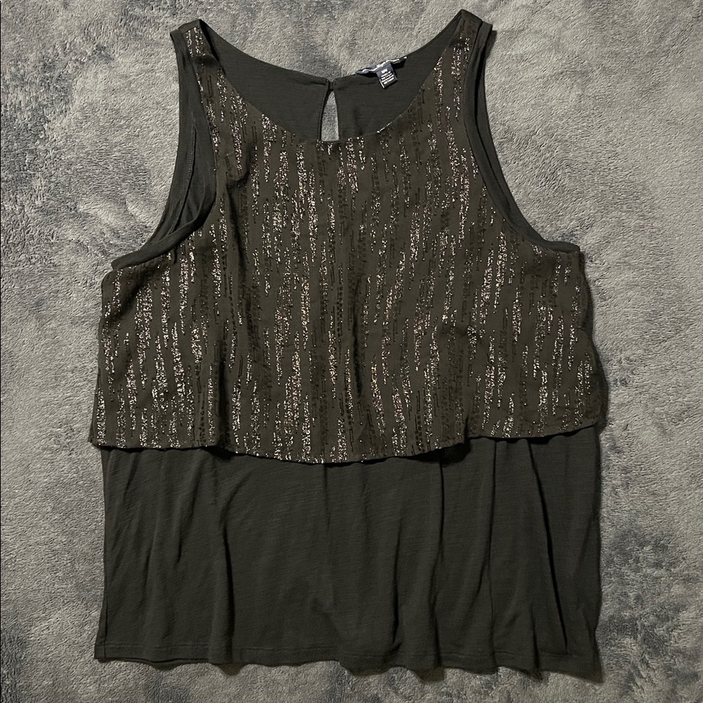 American Eagle black shimmery layered tank top womens medium keyhole button back